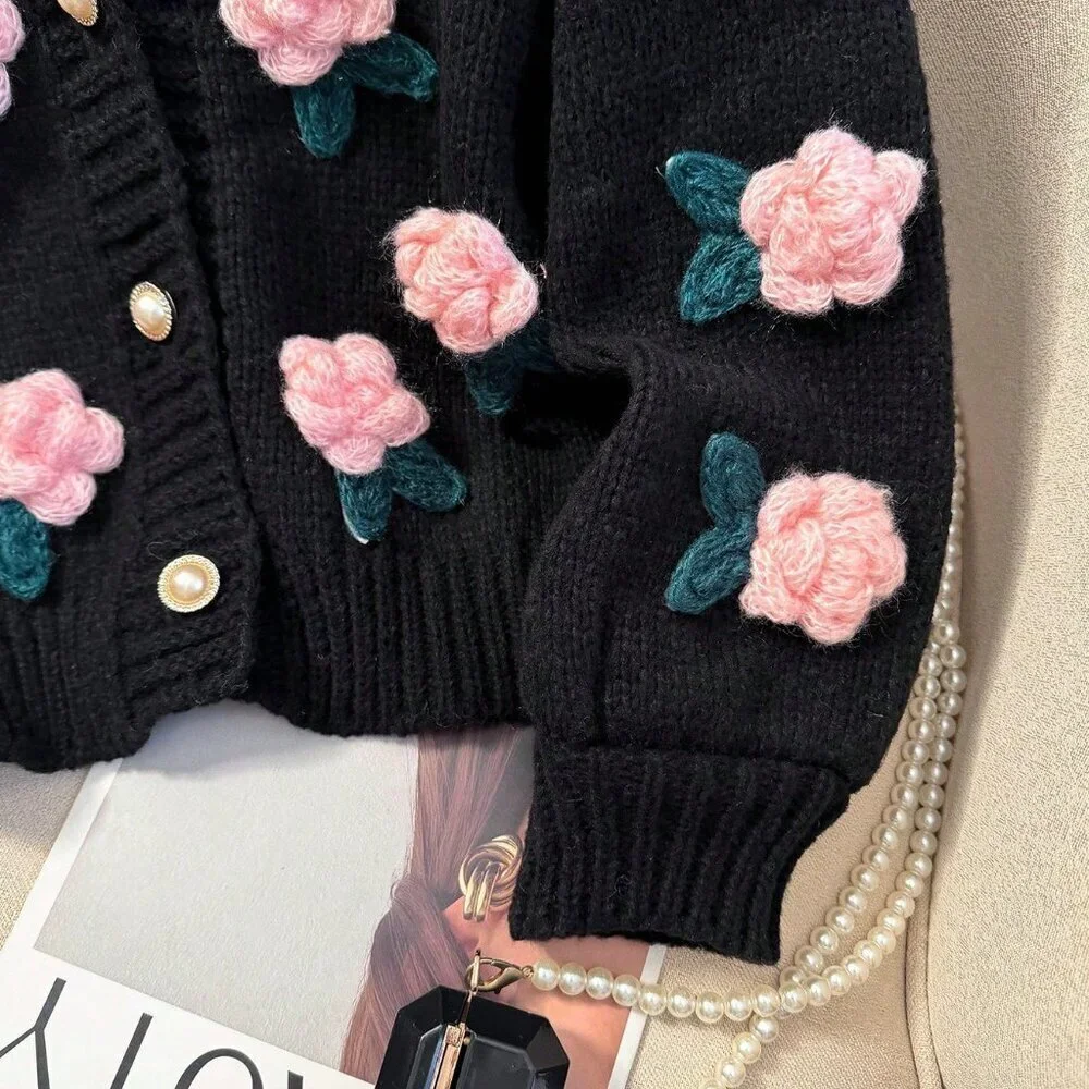 Black Casual Women's 3D Floral Knit Loose Fit Boho Cardigan
